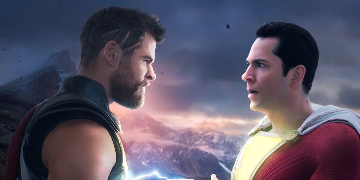 Uma imagem dividida de Thor e Shazam é ​​mostrada.