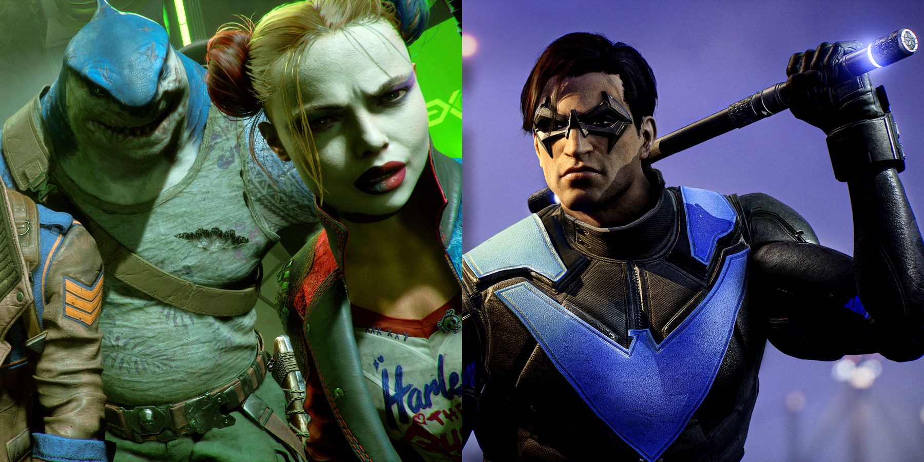 DC characters King Shark, Harley Quinn, and Nightwing from the games Suicide Squad: Kill the Justice League and Gotham Knights.