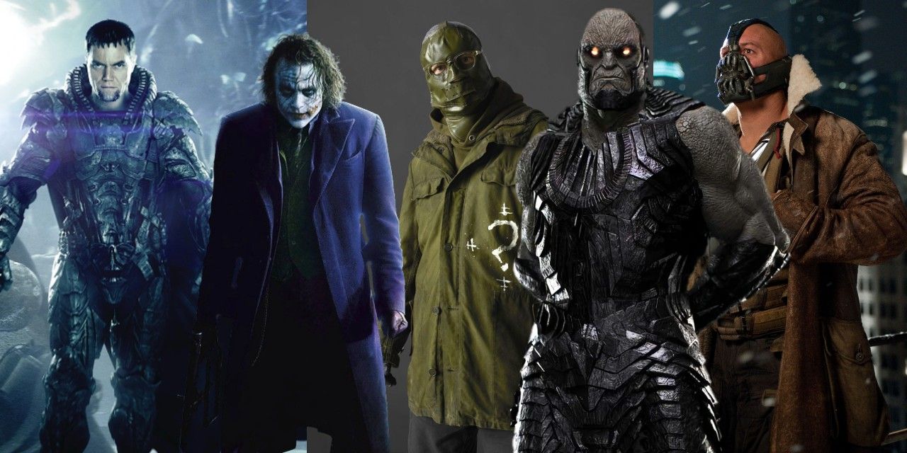 Lineup of Zod, Joker, Riddler, Darkseid, and Bane from live-action DC movies.