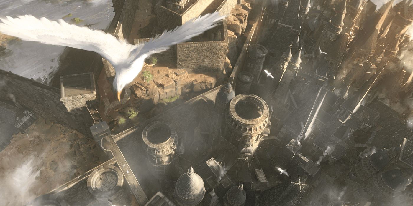 A bird flying over a city, above the main buildings and towers.