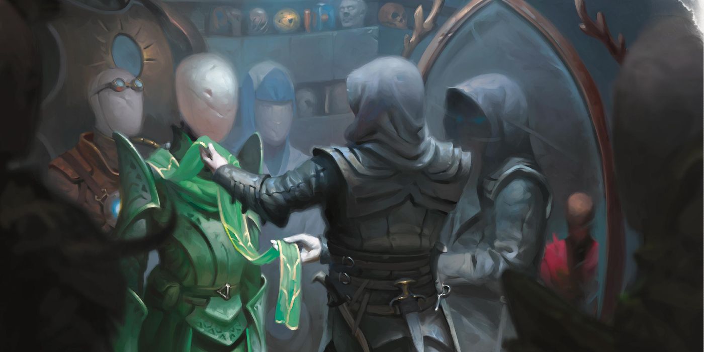 A hooded figure standing in what appears to be a tailor’s shop, analyzing the scarf on one of the three mannequins in front of them.