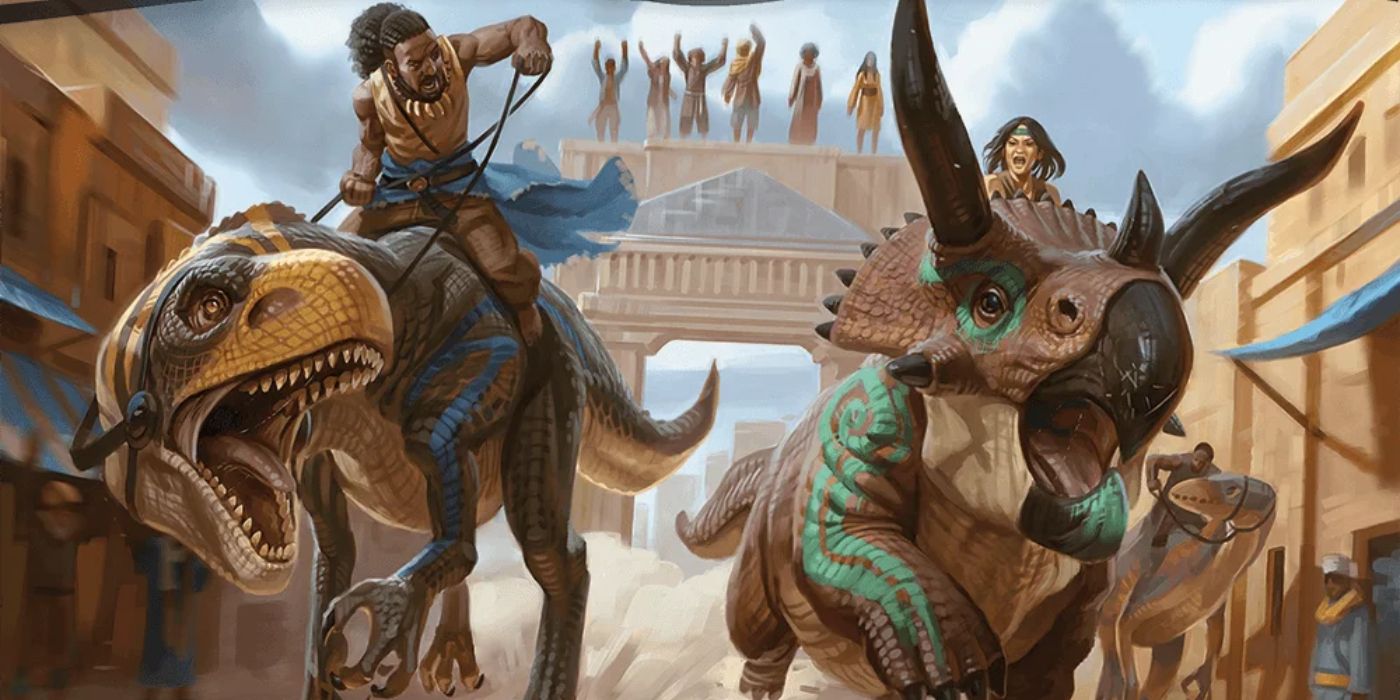 Artwork from the fifth edition Tomb of Annihilation module showing two men riding dinosaurs in the middle of a village.