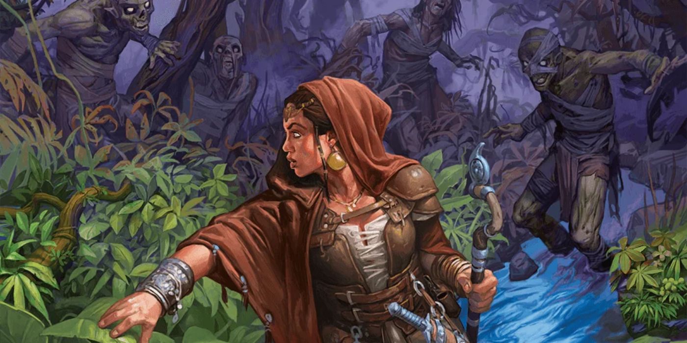 D&D artwork of a lone woman in a hood trying to escape a hoard of zombie-like monsters in the jungle.