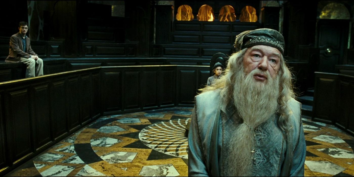 Dumbledore and Harry in a courtroom in Harry Potter. 