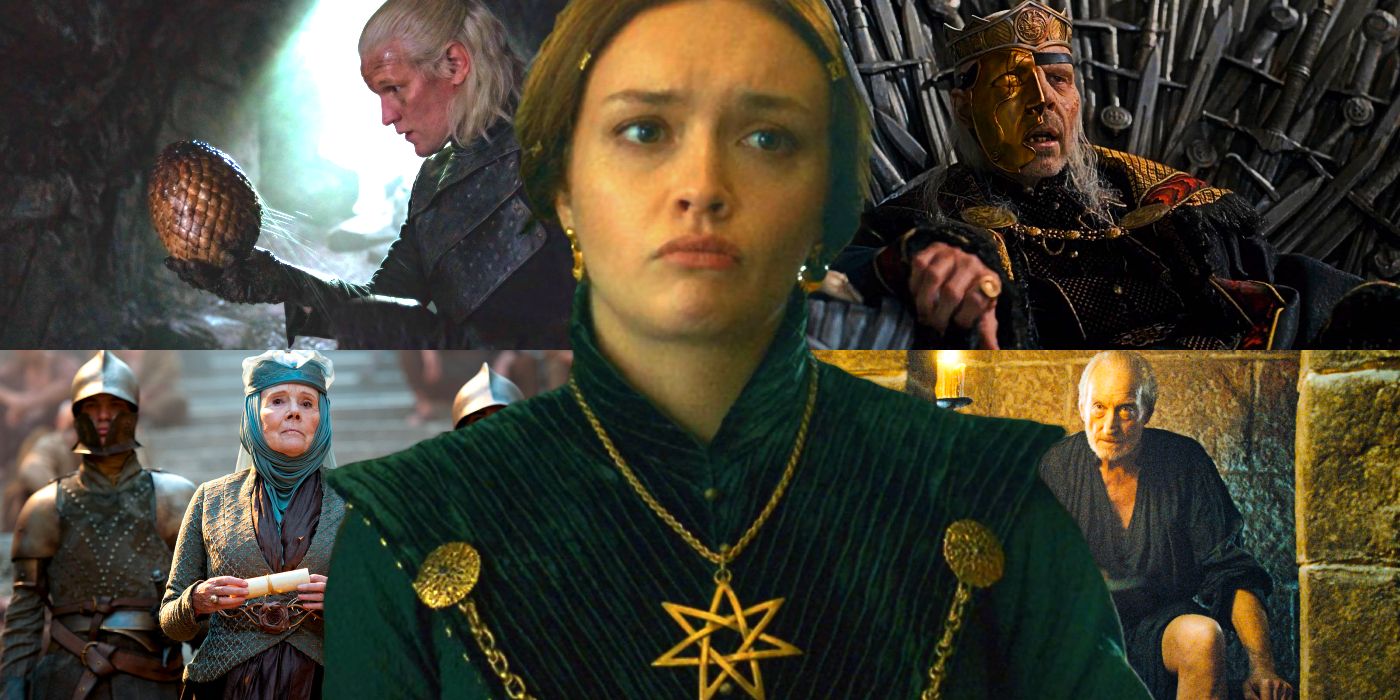 Daemon, Viserys, and Alicent in House of the Dragon season 1, episode 8 with Olenna and Tywin in Game of Thrones