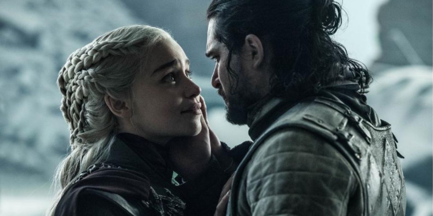 Daenerys Targaryen and Jon Snow embracing in the Game of Thrones series finale.