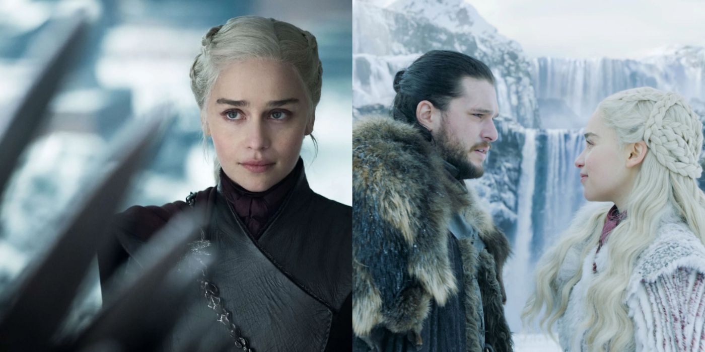 Split image of Daenerys looking at the Iron Throne and with Jon Snow.