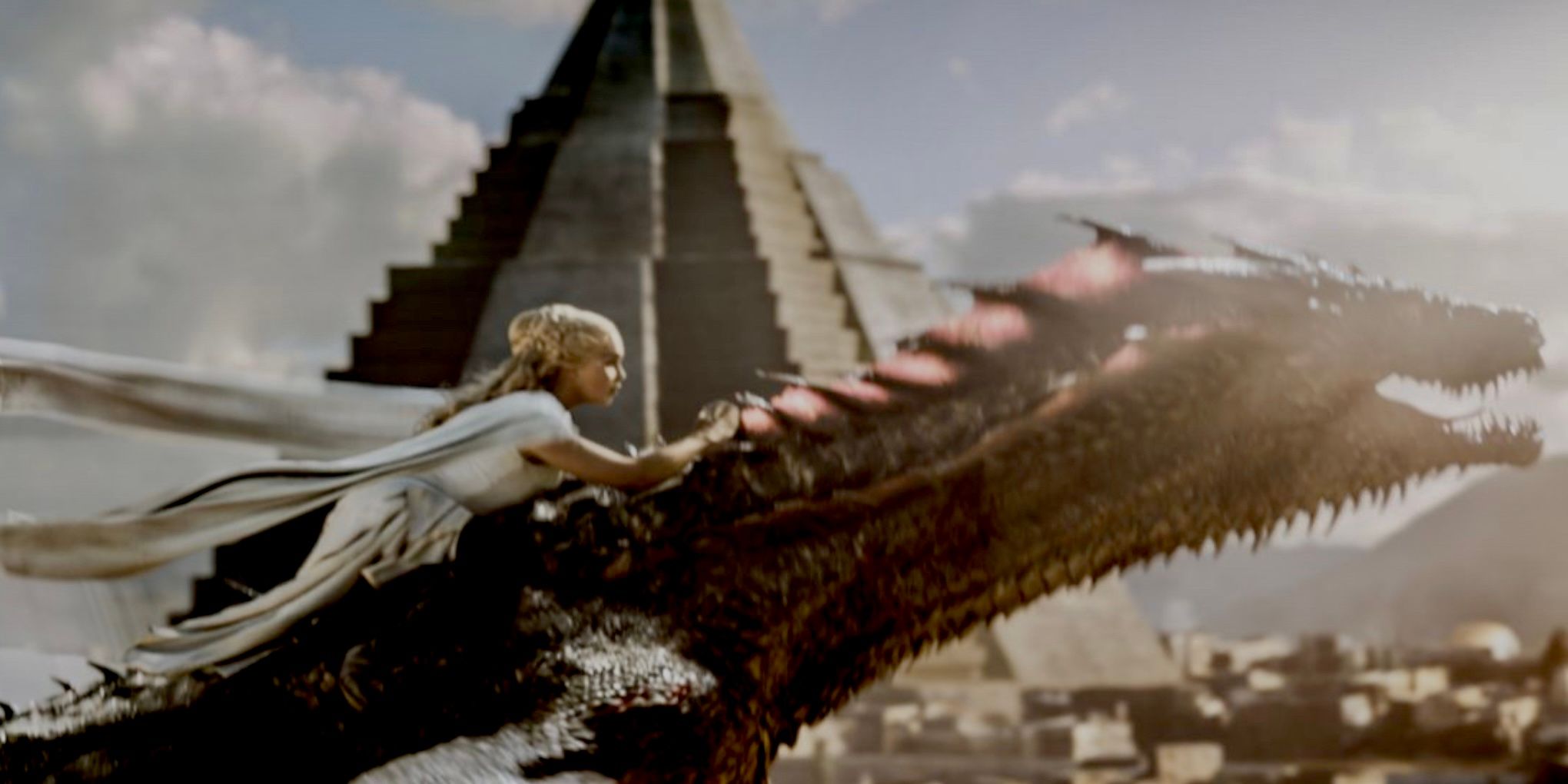Daenerys Targaryen (Emilia Clarke) riding Drogon in the Game of Thrones episode The Dance Of Dragons (S5E9)