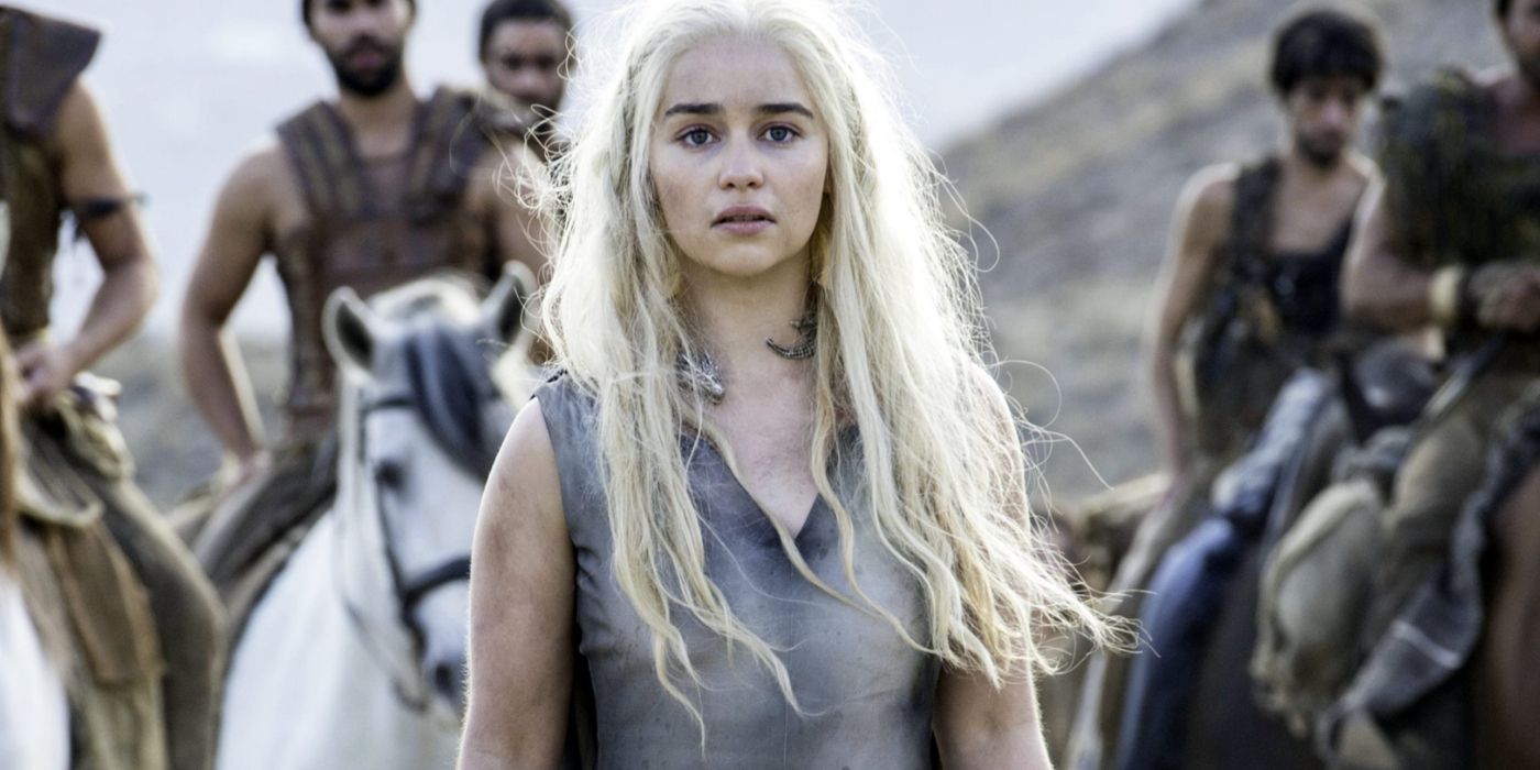 A tattered Daenerys after being kidnapped by the Khalasar in Game of Thrones.