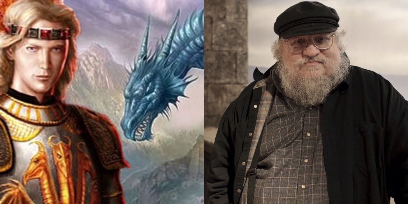 Art of Daeron Targaryen and his dragon Tessarion alongside an image of George R.R. Martin.