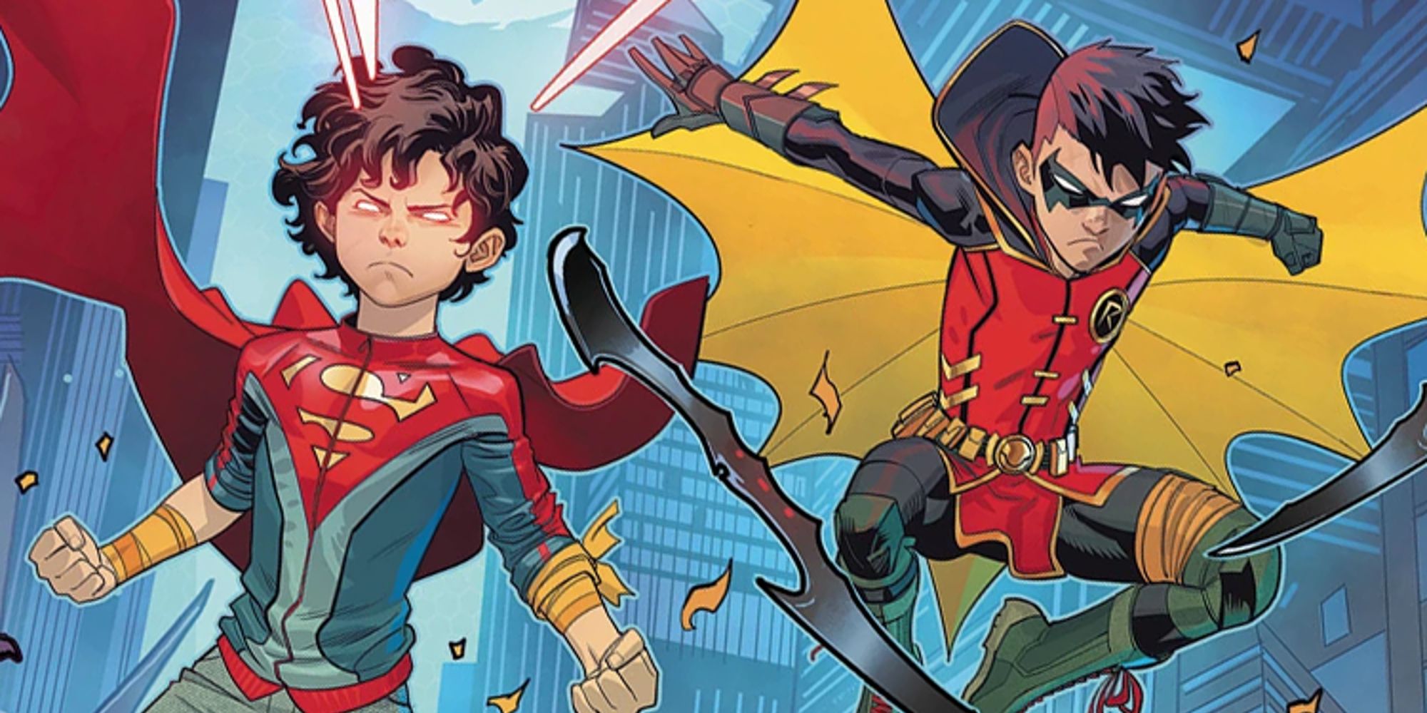Damian Wayne and Jon Kent leaping into battle as the Supersons