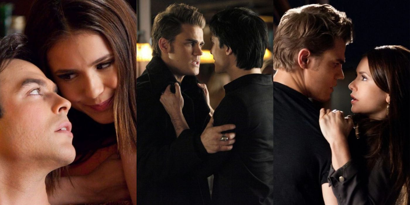 Imagem dividida de Damon e Elena, Stefan e Damon discutindo e Stefan e Elena.