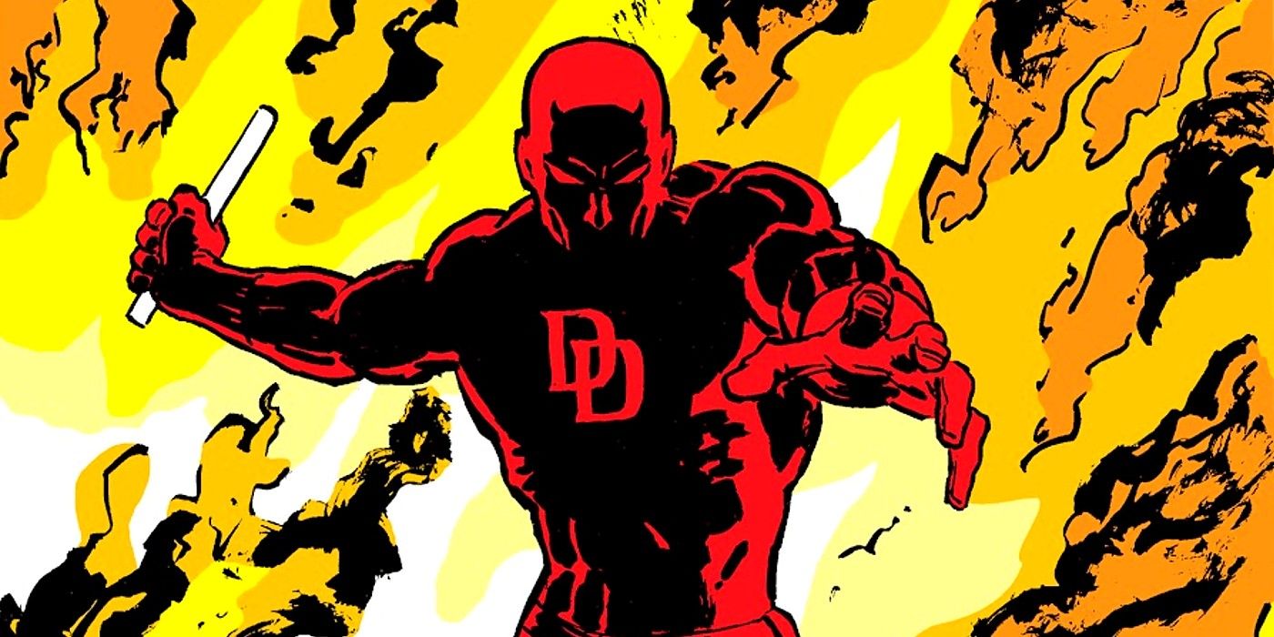 Daredevil holds his billy club and emerges from the fire in Born Again.
