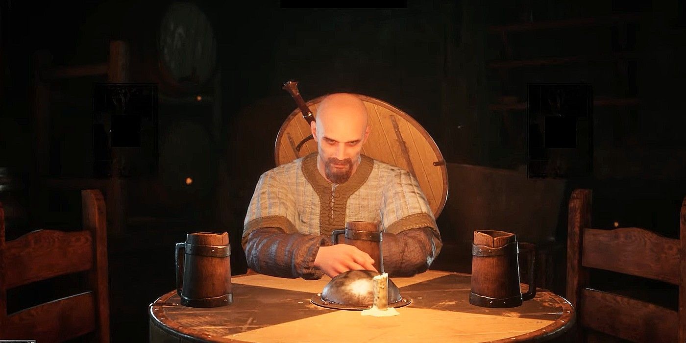 A character from the Dark and Darker game sits at a table, a sword and shield on his back, flags of ale at his sides.