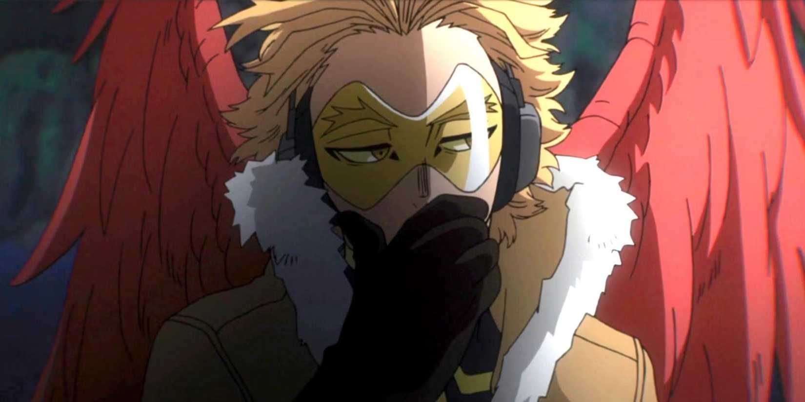 Hawks in My Hero Academia with a hand covering his mouth looking thoughtful