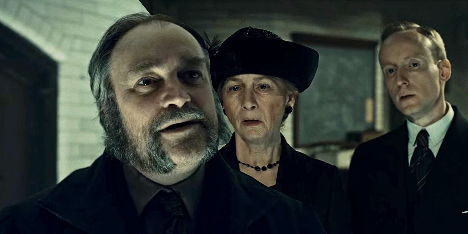 David Hewlett as Masson, Brigitte Robinson as the widow, and Cory Bertrand as the widow's son in Guillermo del Toro's Cabinet of Curiosity Graveyard Rats