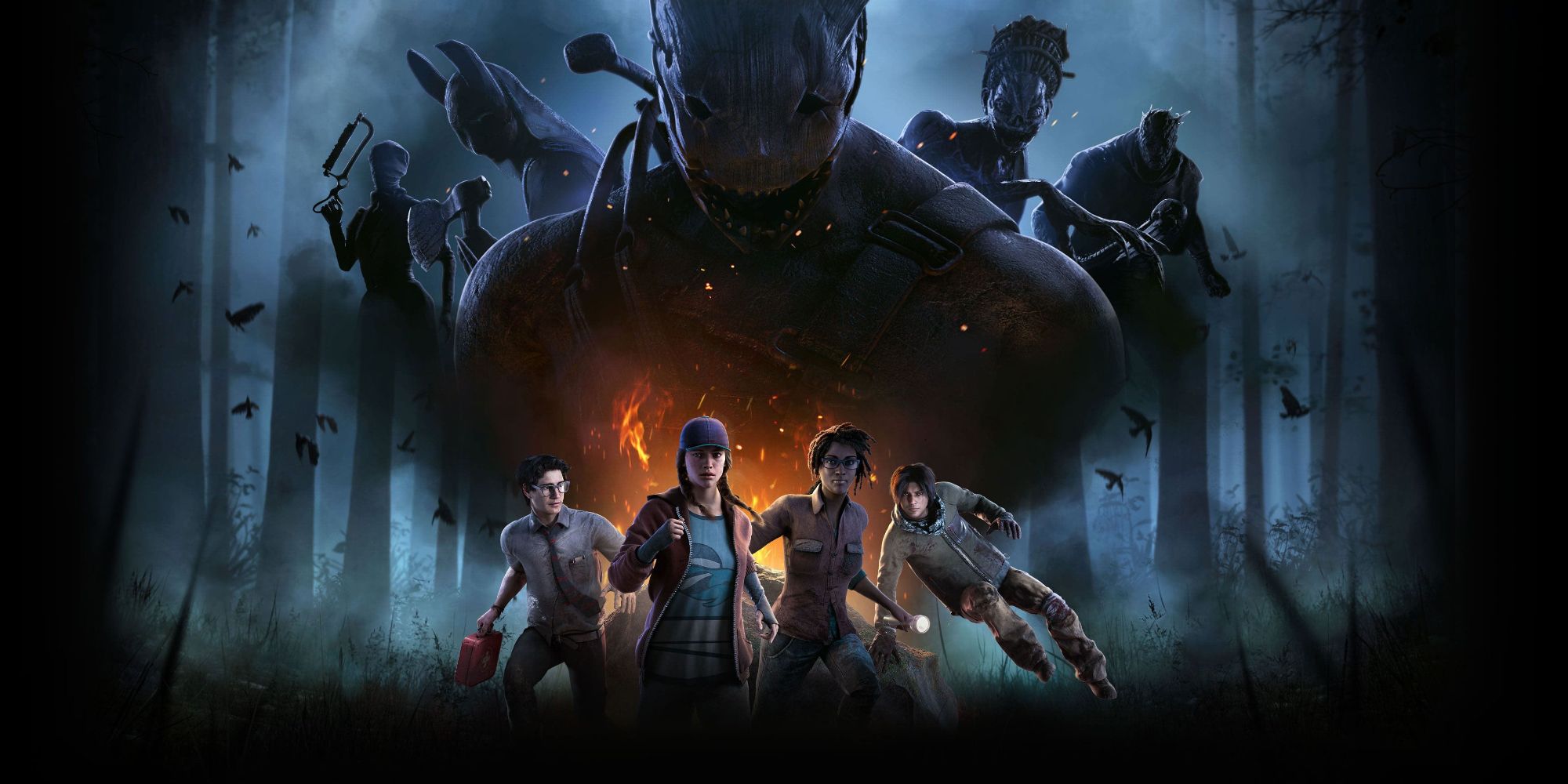 Key art for Dead By Daylight, featuring four survivors and a few of the game's killers.