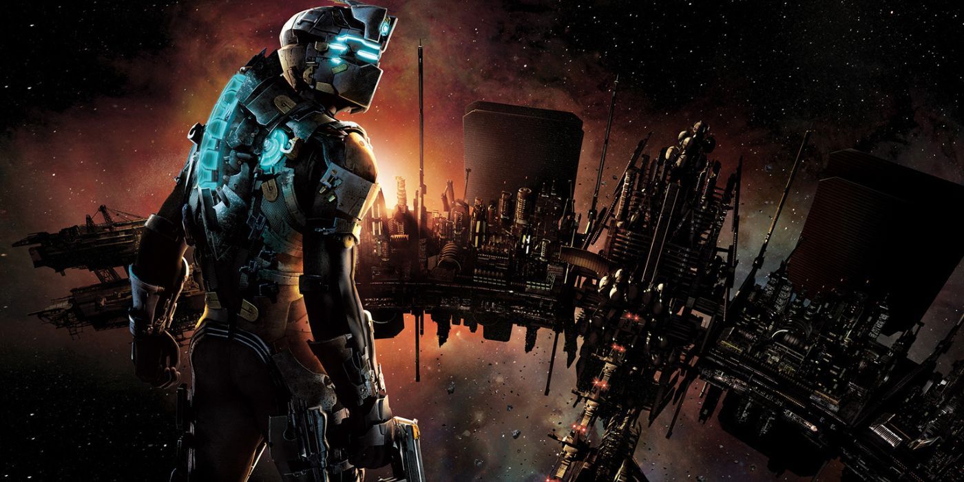 Promo image for Dead Space 2, showing protagonist Isaac Clarke in front of an abandoned space station.