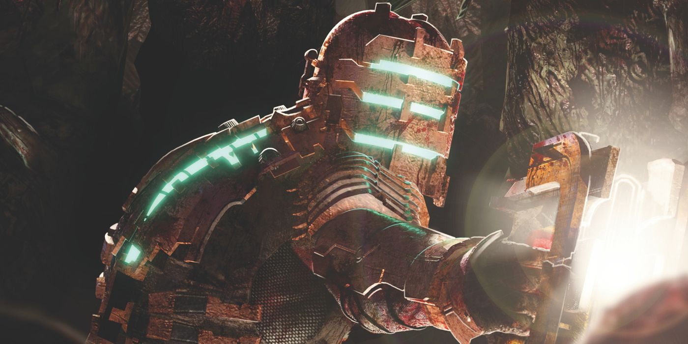 Uma captura de tela de Isaac Clarke de Dead Space em seu traje, apontando seu cortador de plasma.