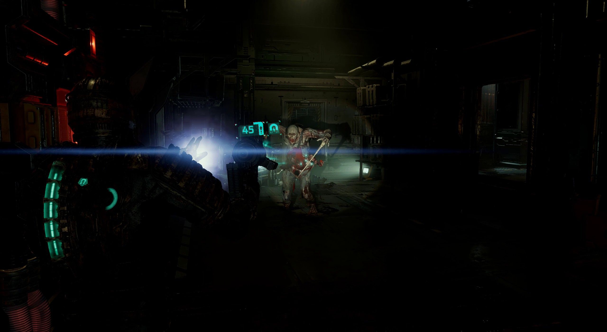 Isaac Clarke shoots a necromorph and fires his Kinesis Module at it in the Dead Space Remake preview.