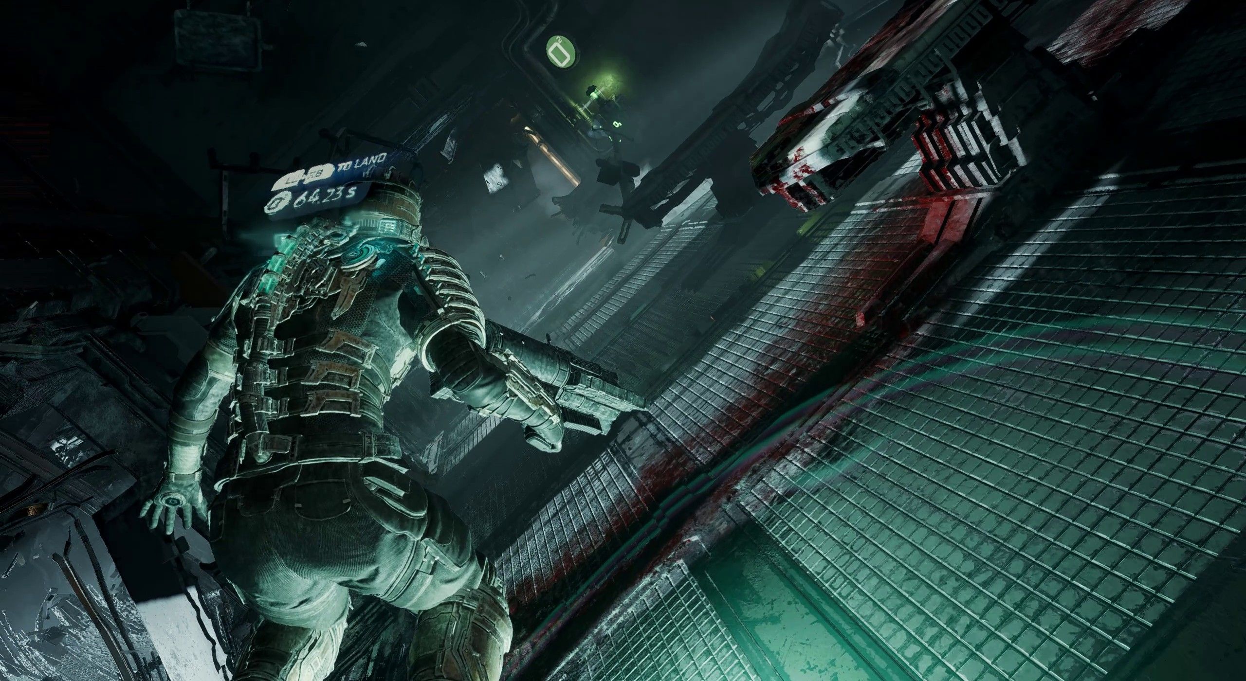 The Dead Space remake's Isaac Clarke flies through a zero-gravity area.