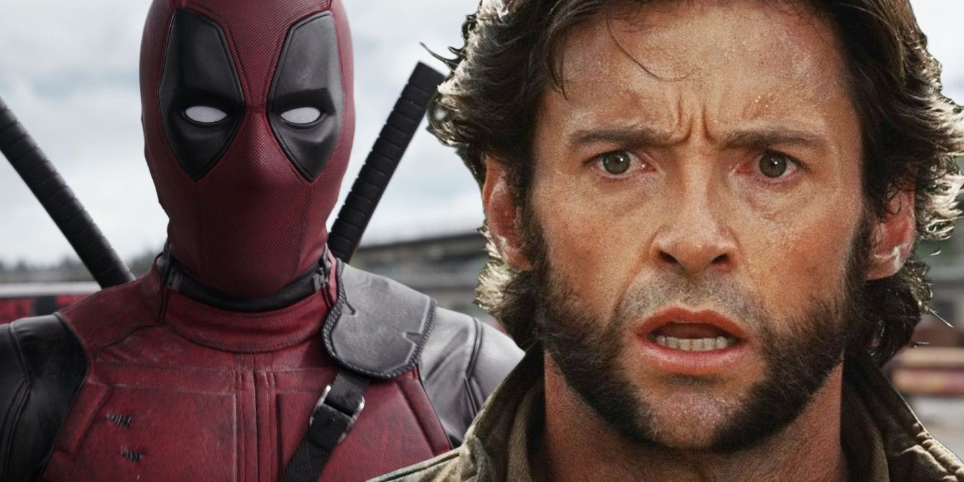 Imagem mesclada de Deadpool em seu traje vermelho e um Wolverine chocado