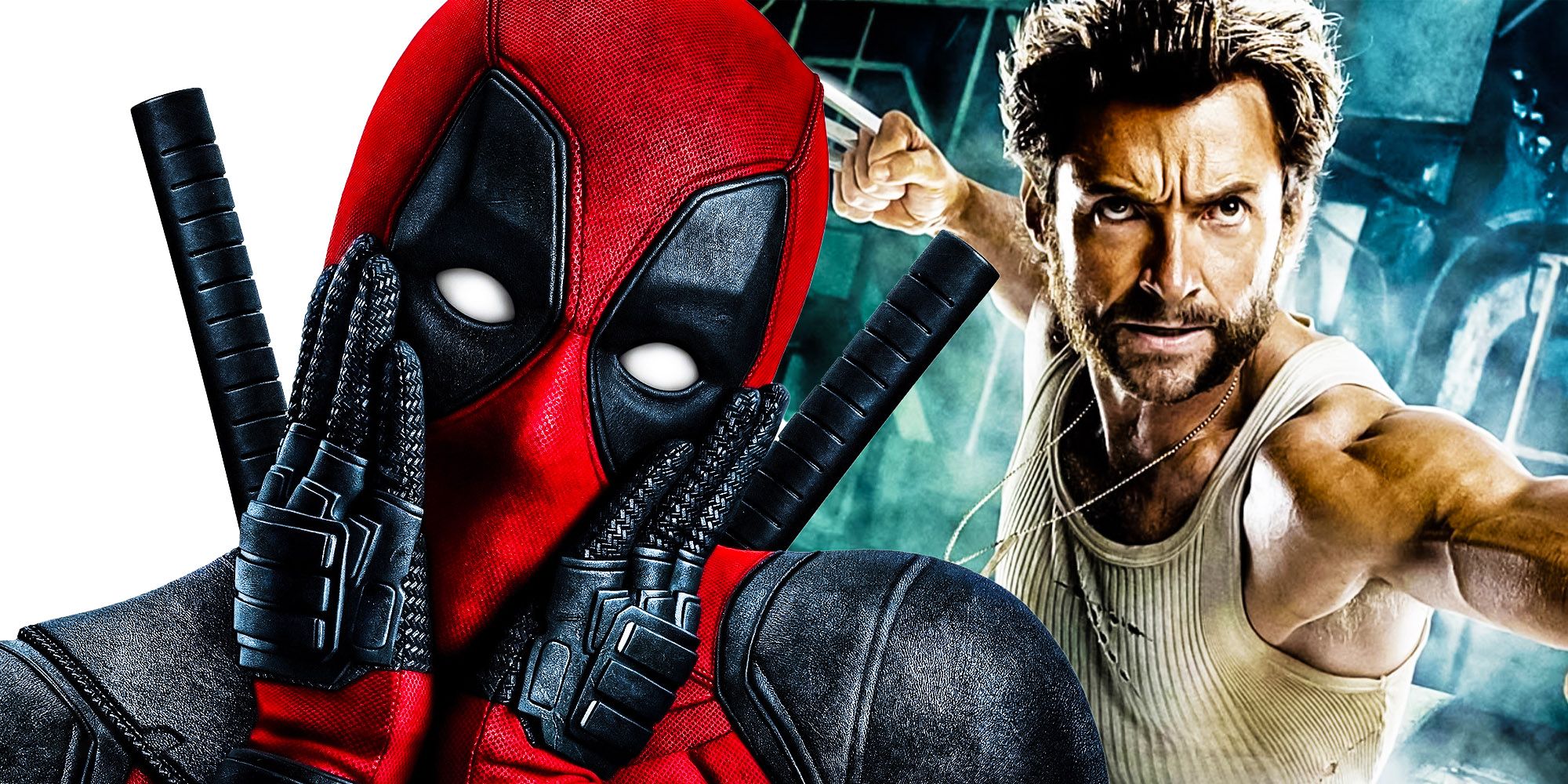 a masked Deadpool cradles his face adorably; Wolverine (Hugh Jackman) rushes into battle