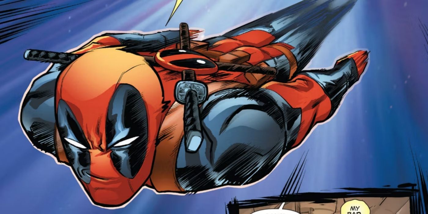 Deadpool diving from a sky