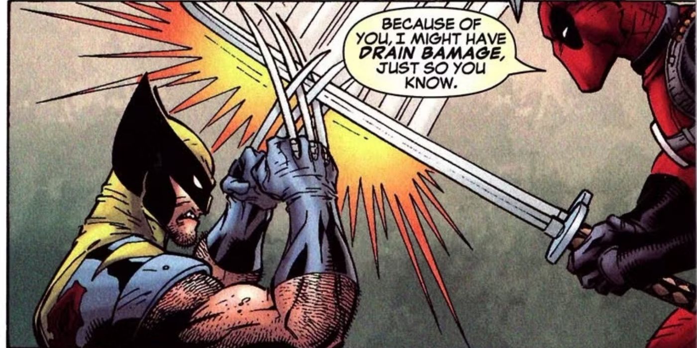Deadpool tries to slash Wolverine with a sword