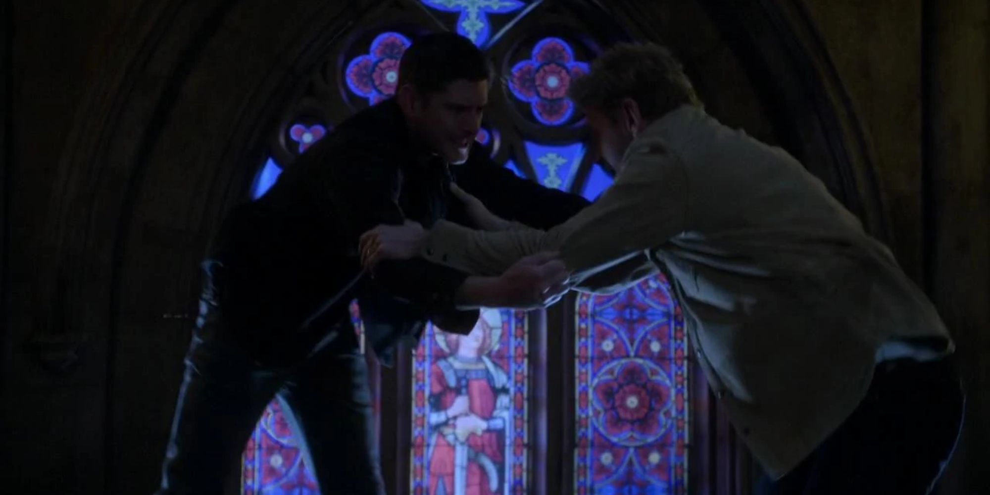Dean Winchester and Lucifer fighting in the air in Supernatural