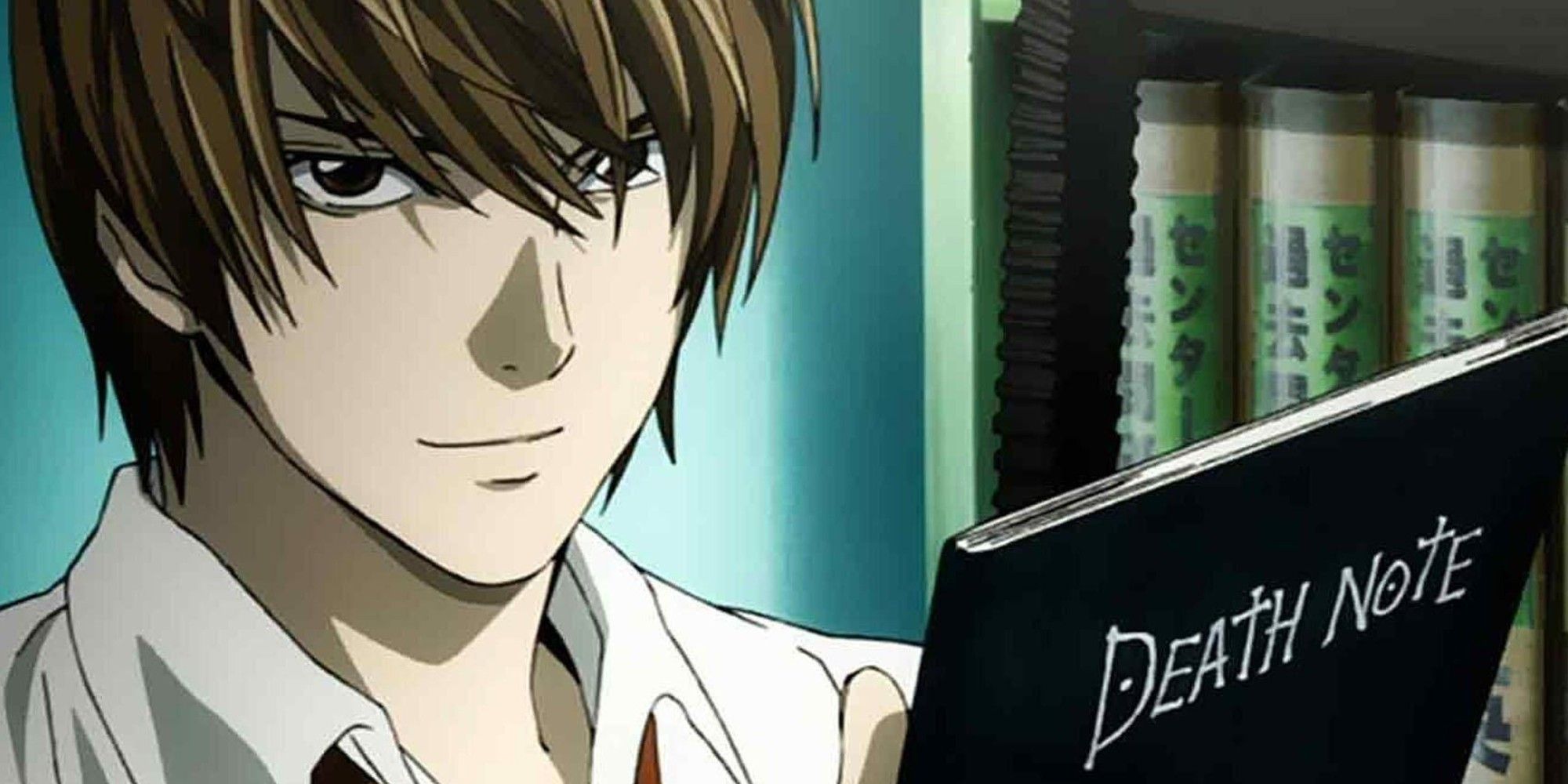 Death Note's Light Yagami holds out the titular book.