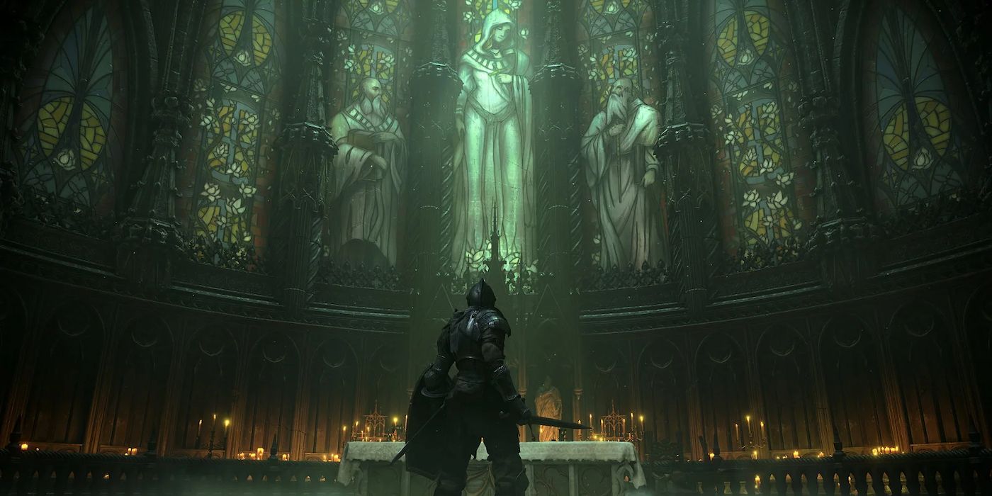 Um personagem olha para cima em uma capela de Demon's Souls 