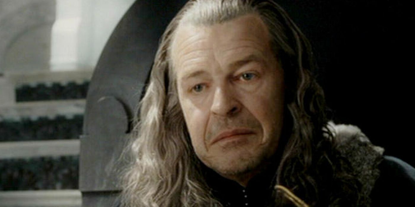 A close of image of Denethor on the throne in The Lord of the Rings.