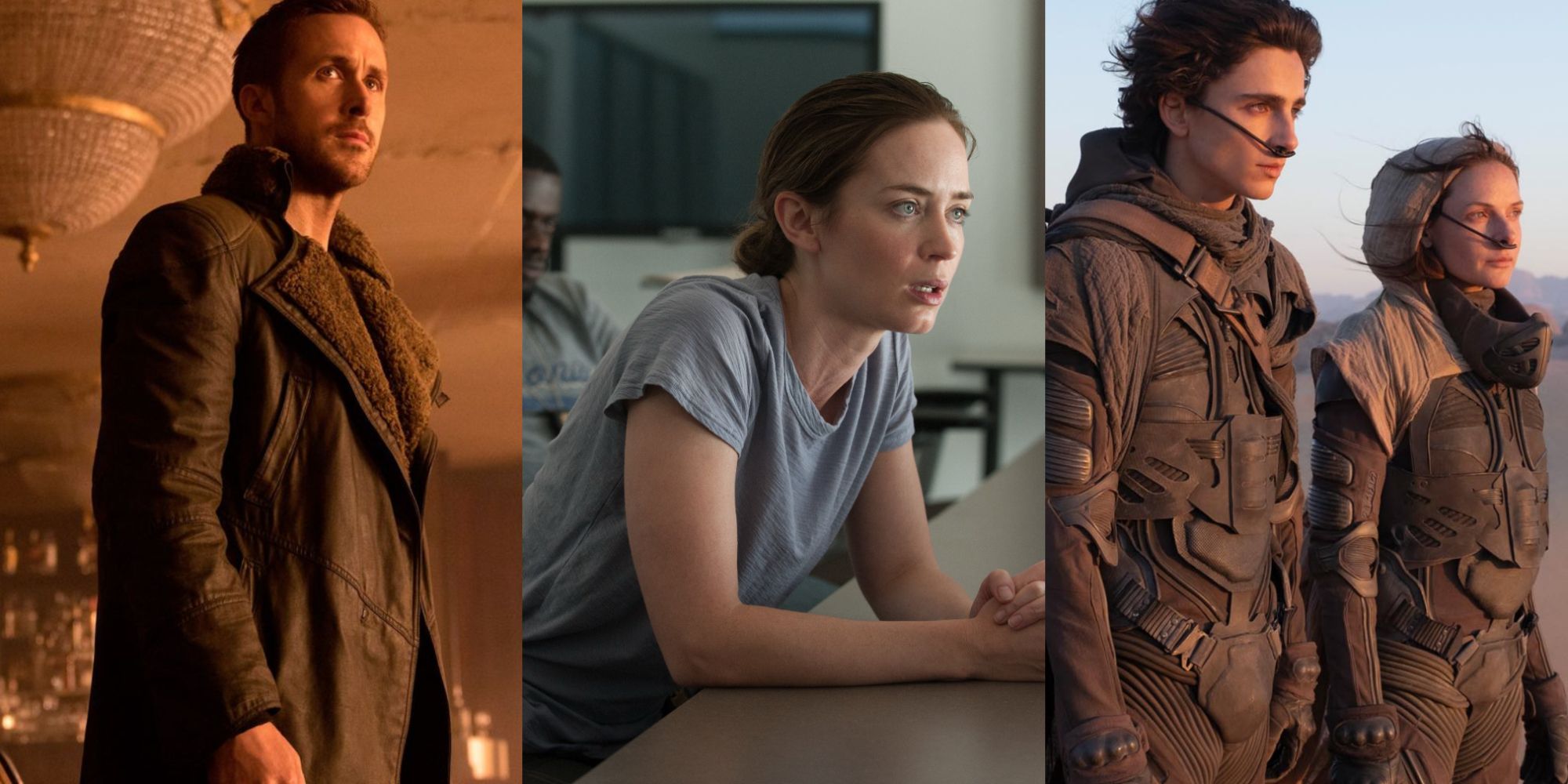 Split image of Ryan Gosling in Blade Runner 2049, Emily Blunt in Sicario, and Timothee Chalamet and Rebecca Ferguson in Dune