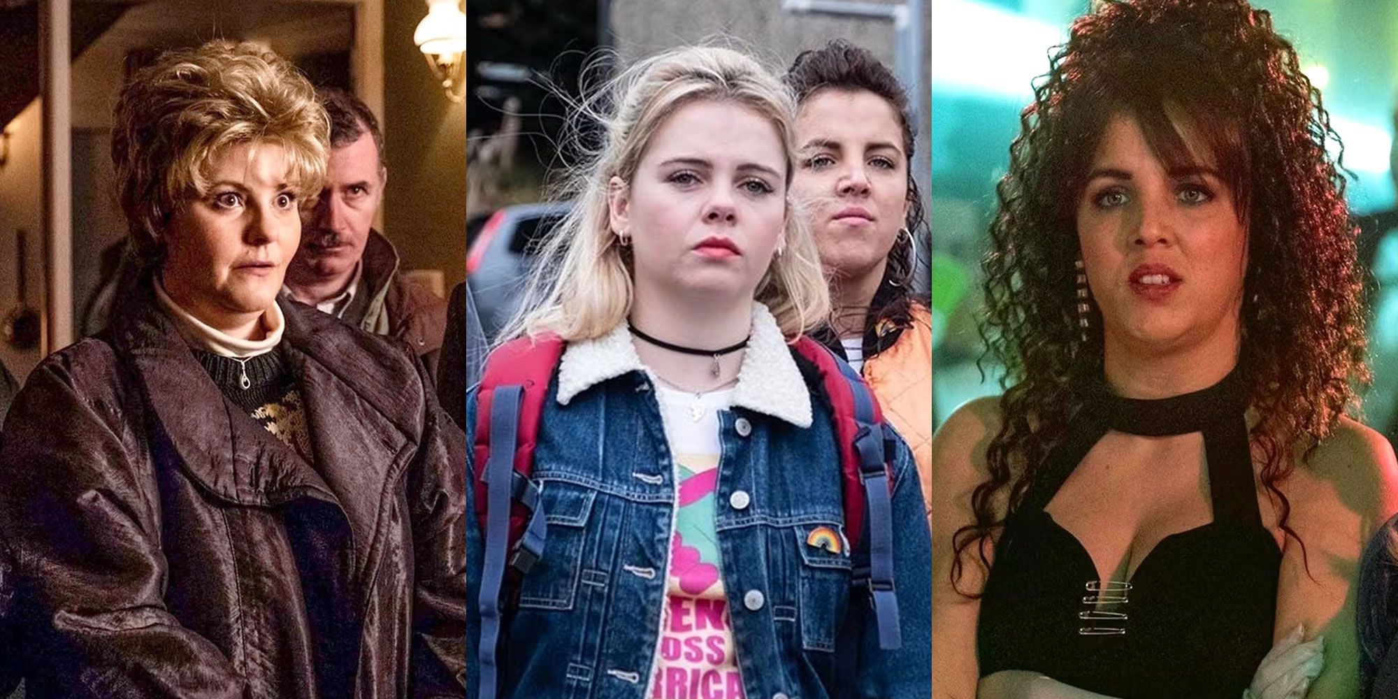 A split image features Mary, Erin, and Michelle in Derry Girls
