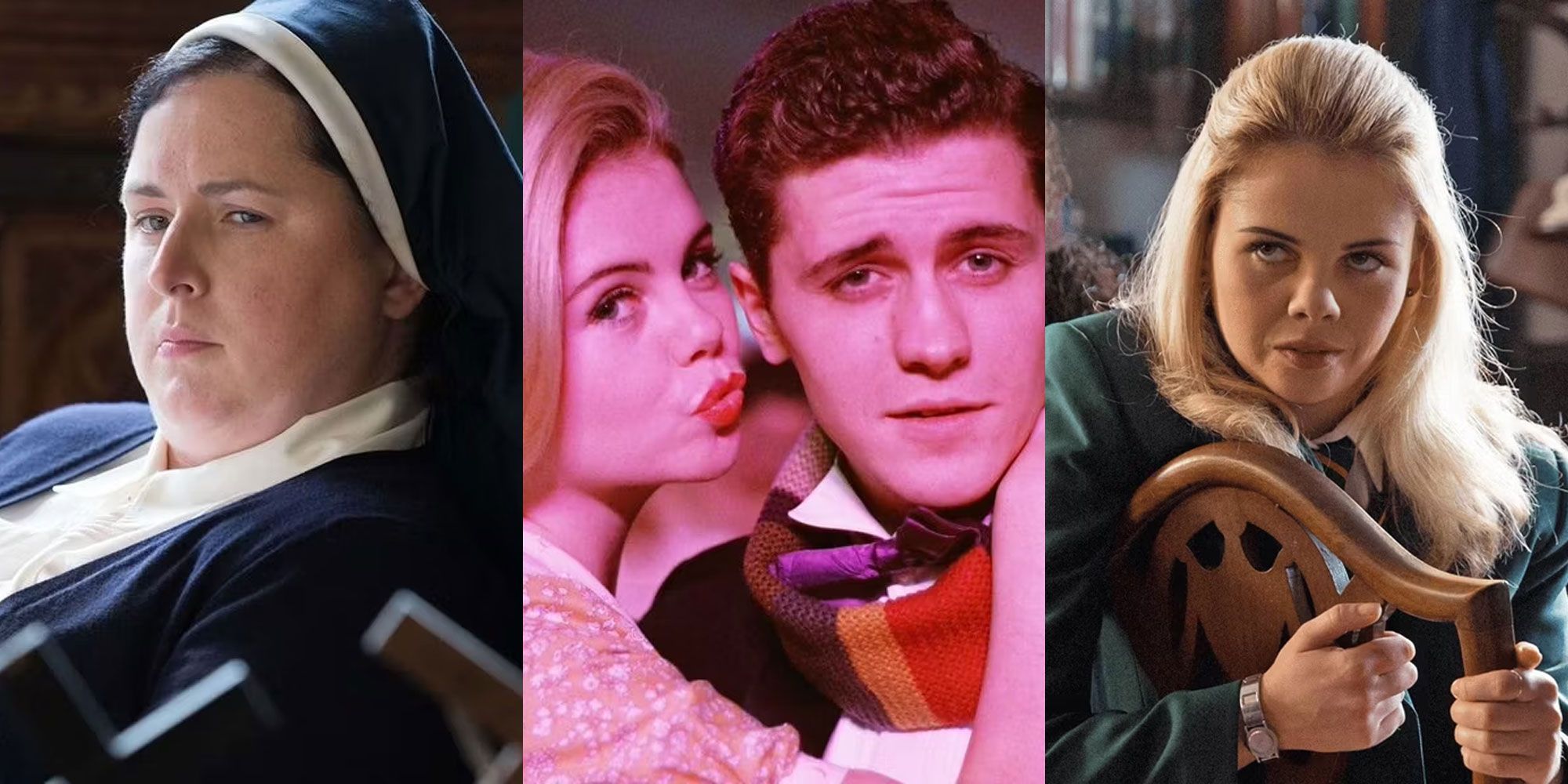 A split image features Sister Michael, Erin and James, and Erin alone from Derry Girls