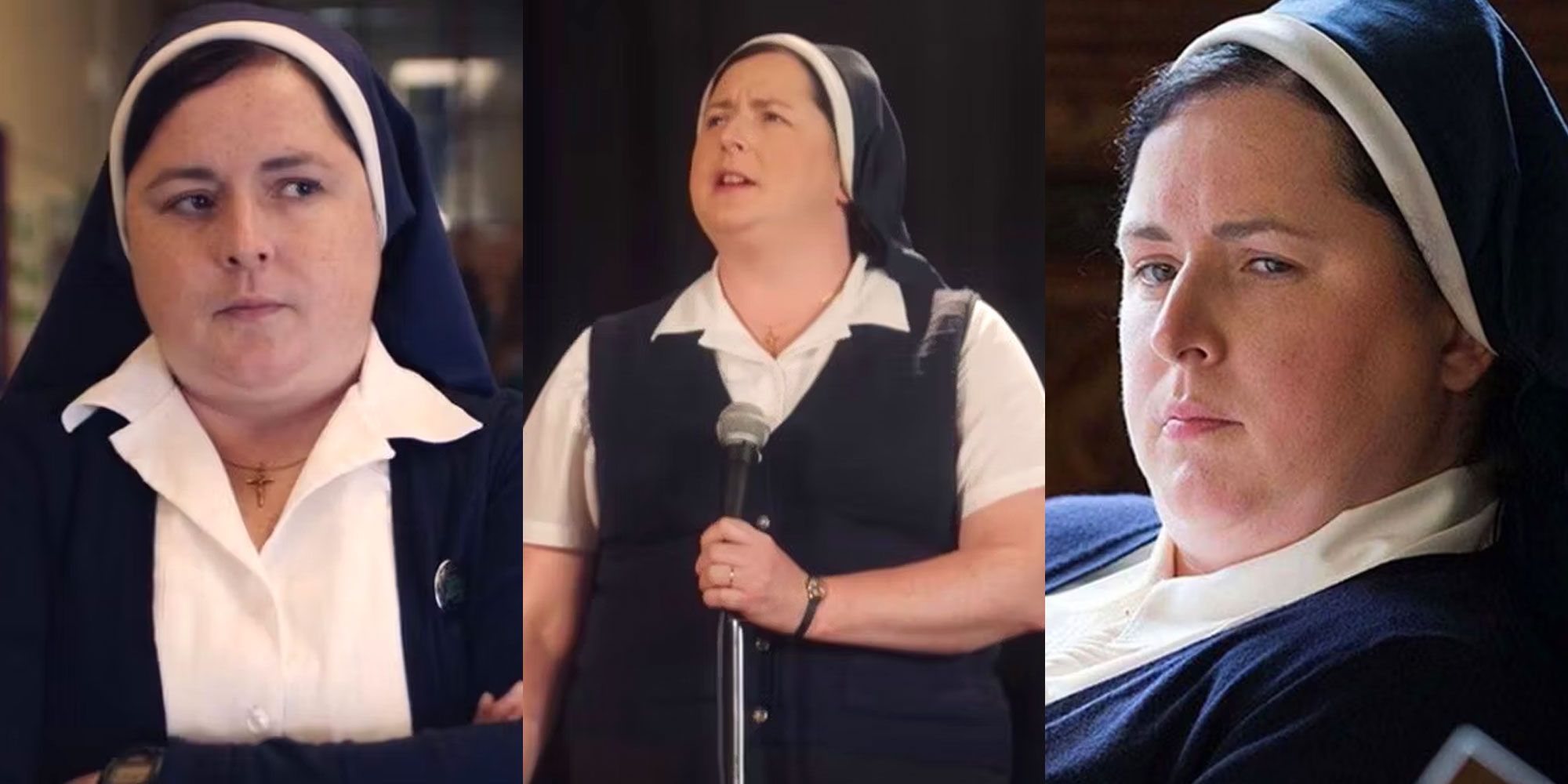 A split image features three different looks at Sister Michael in Derry Girls