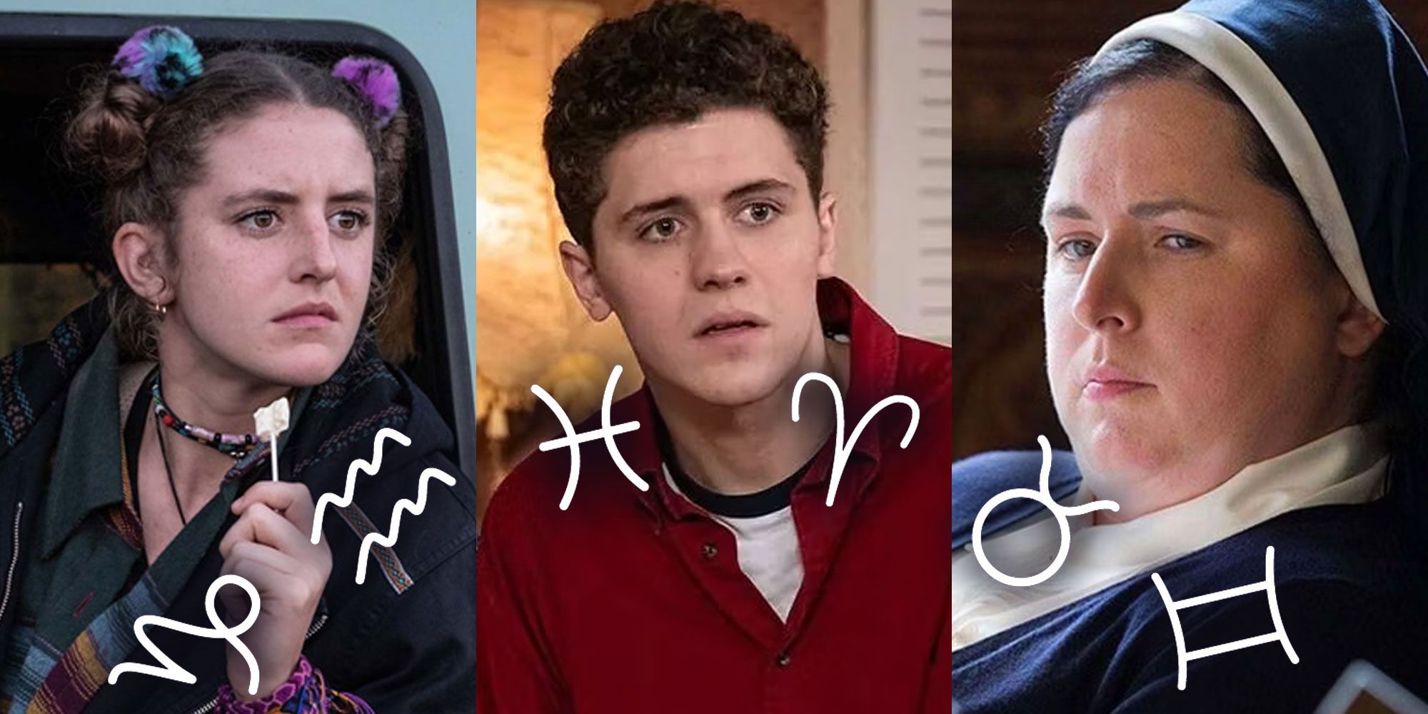 A split image features Derry Girls characters Orla, James, and Sister Michael with zodiac symbols along the bottom