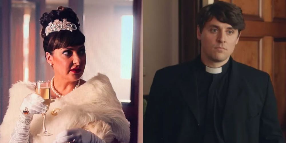 A split image features Derry Girls characters Aunt Sarah and Father Peter