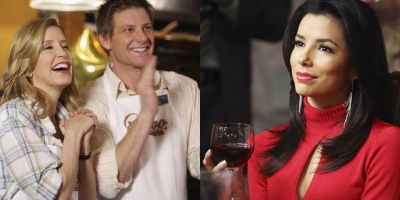 Split image of Lynette and Tom happy and clapping and Gaby holding wine on Desperate Housewives