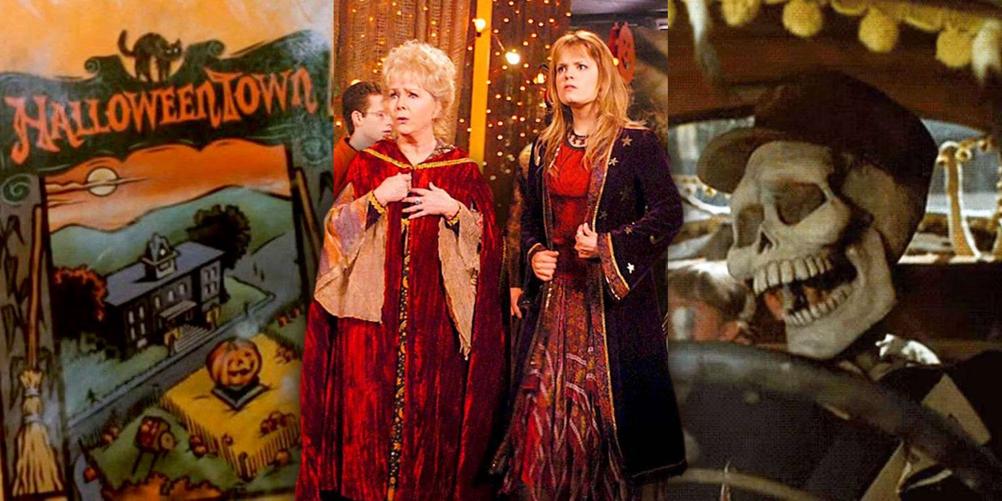 A split image features the Halloweentown book, Aggie and Marnie in the Halloweentown movies, and Benny the skeletal cab driver