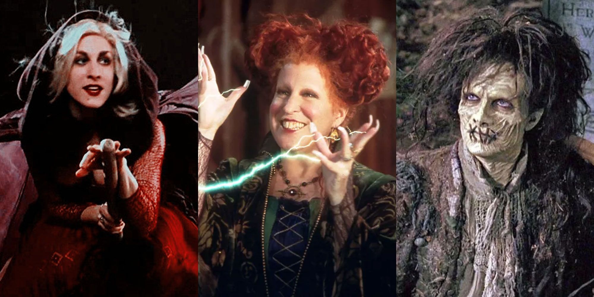 A split image features Sarah Sanderson, Winifred Sanderson, and Billy Butcherson in Hocus Pocus
