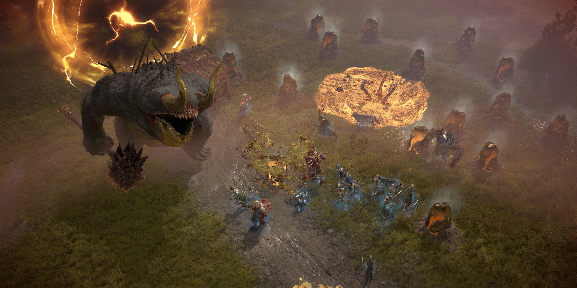 Captura de pantalla del combate con un monstruo gigante con cuernos en Diablo 4
