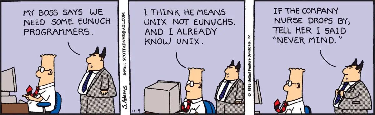 O chefe de cabelos pontudos confunde eunucos com Unix em Dilbert 