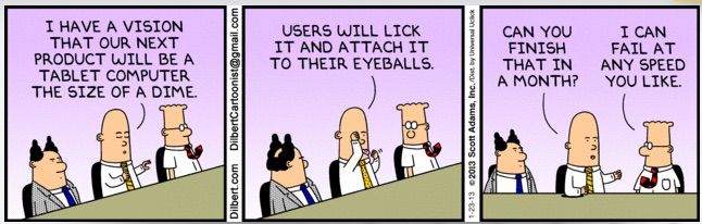 Dilbert tells his boss how quickly he can fail at a project