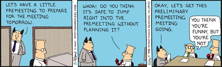 Dilbert tricks the pointy-haired boss into scheduling meetings within meetings 