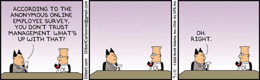 Dilbert talks to the pointy-haired boss about his employee survey