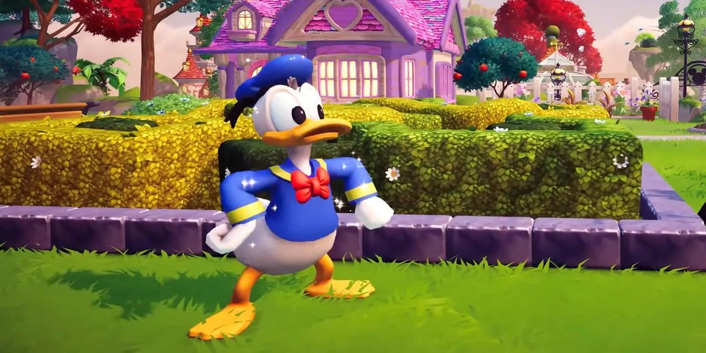 Donald Duck in Disney Dreamlight Valley standing triumphantly.