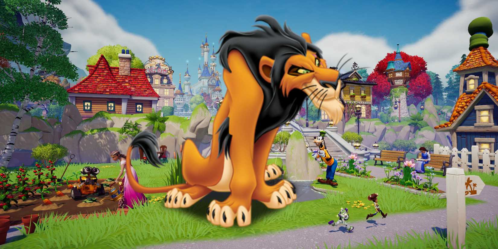 An image of Lion King's scar over a picture of Disney Dreamlight Valley