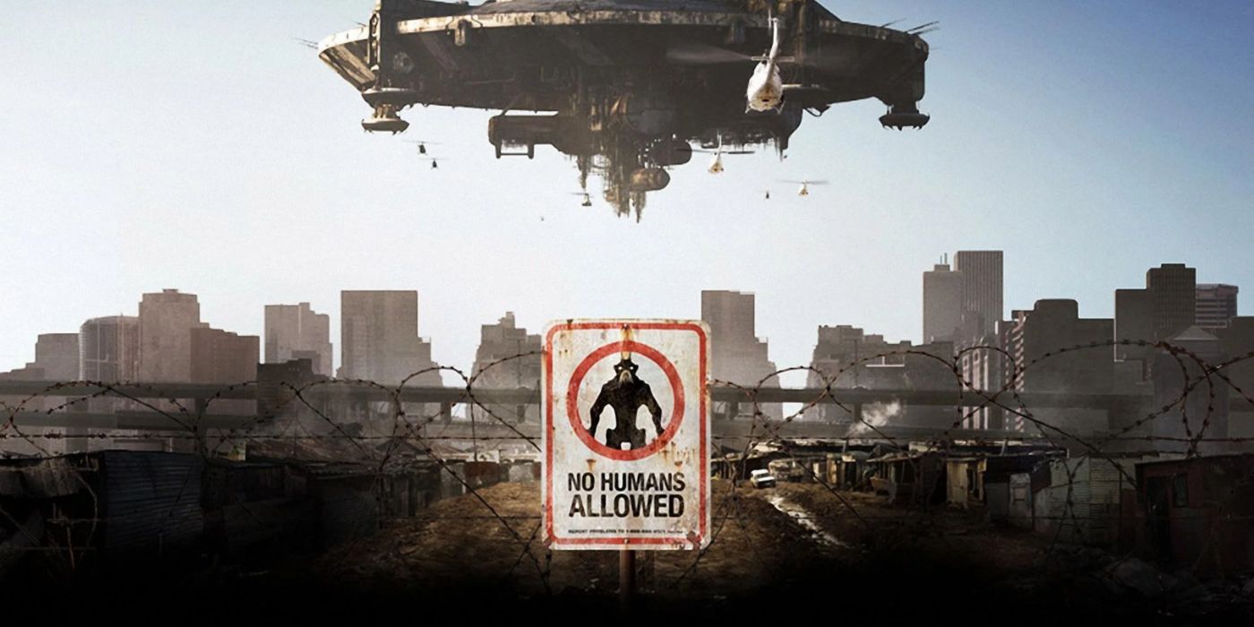 District 9 promo art featuring the alien ship hovering above their slums and a sign warning humans.